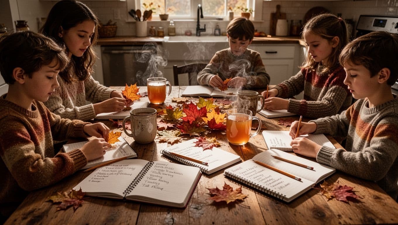 A family plans fall activities with notebooks, pencils, cider mugs, and autumn leaves.