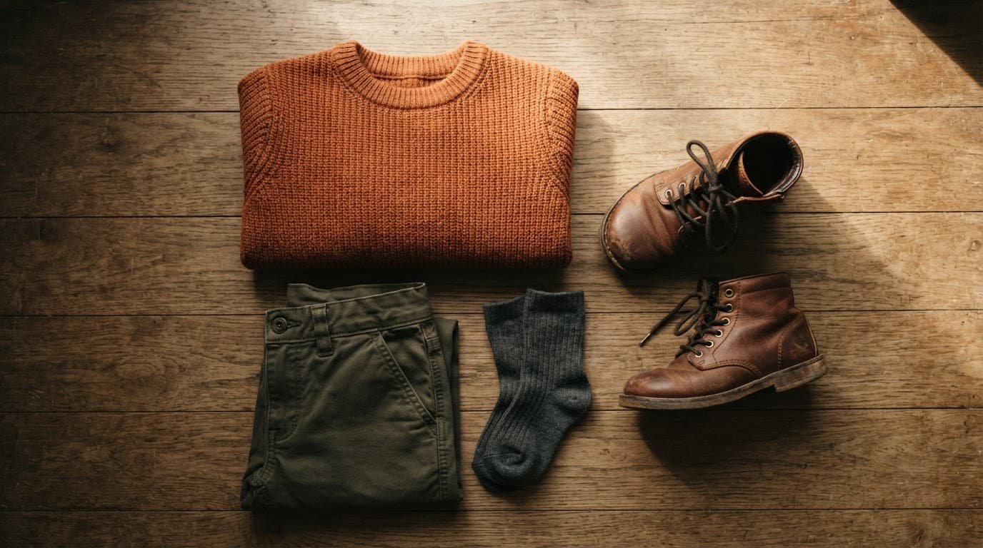 Child's fall school clothes arranged on a wooden surface.