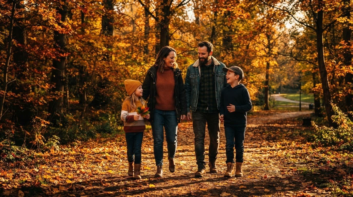 Two parents and two children talking among golden leaves in an autumn park.