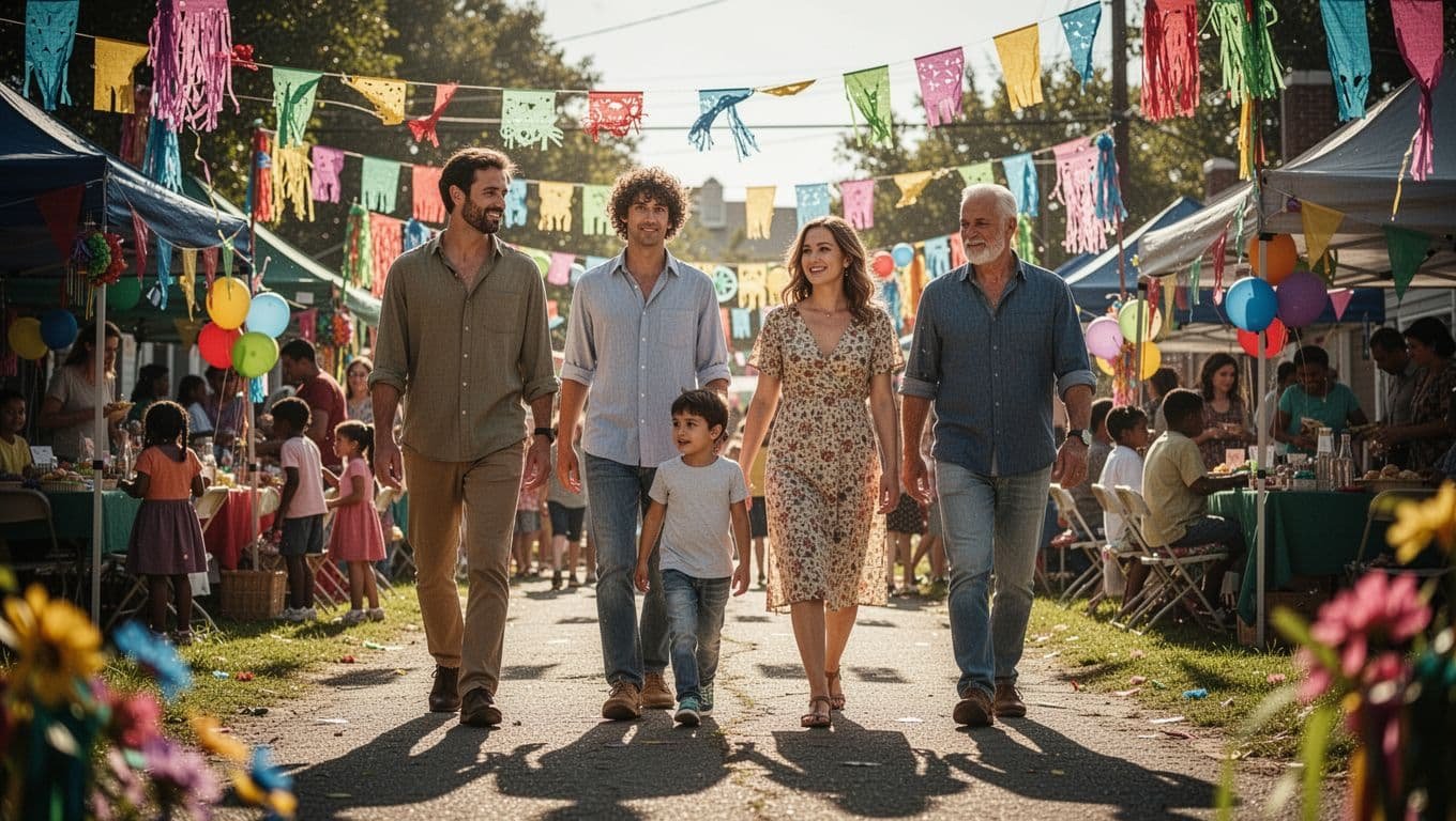 Four family members explore a sunny outdoor community event.