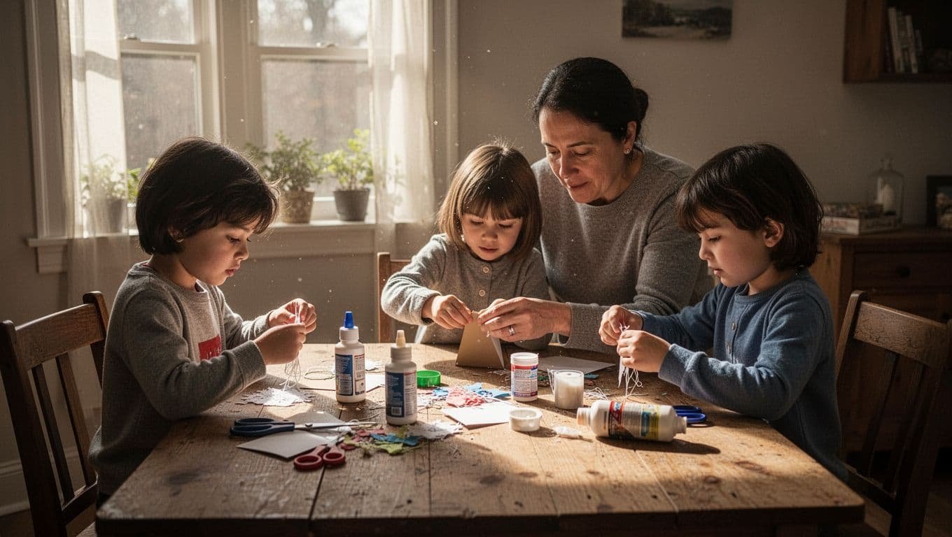 An adult and two children make paper crafts at a wooden table.