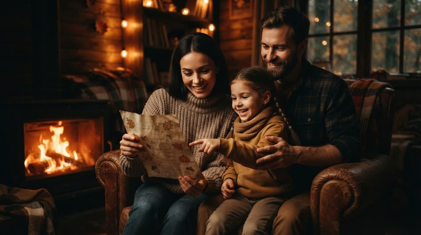 A family of three reviews fall activities together at a warmly lit table.