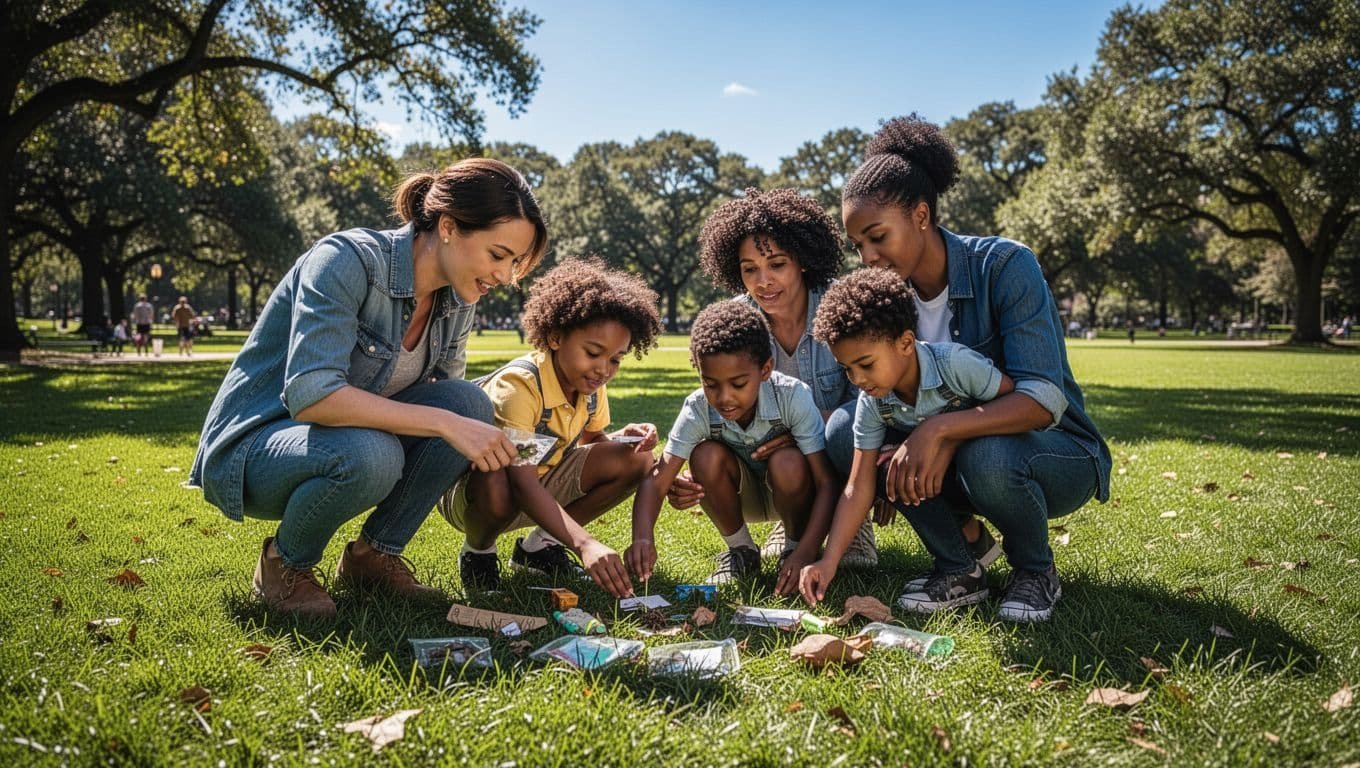 A family of four enjoys a scavenger hunt in a sunny green park.
