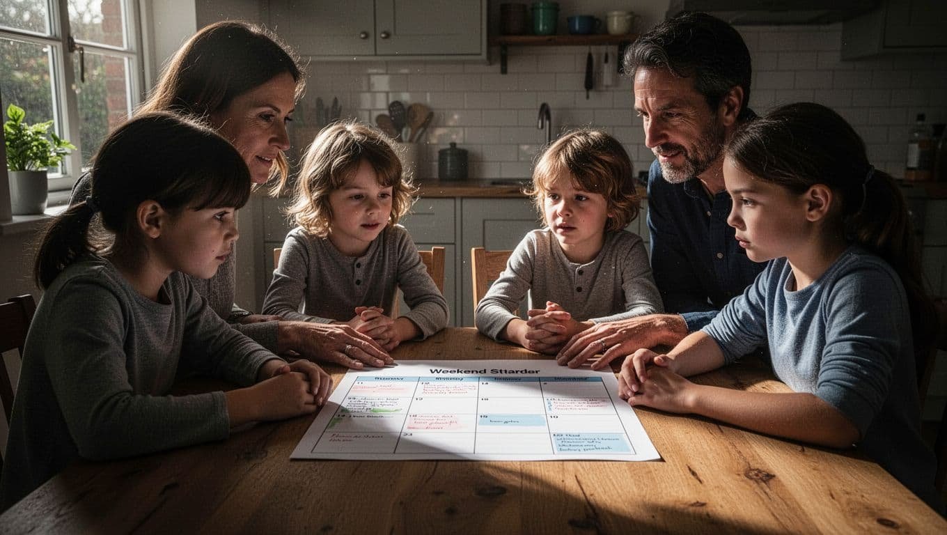 Parents and two children review weekend plans at a kitchen table.