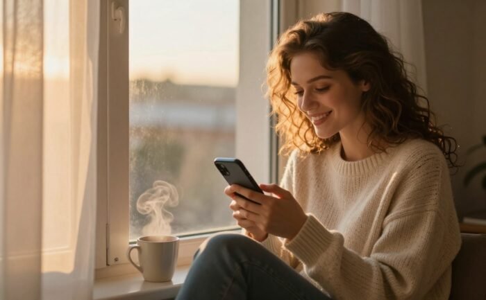 Smiling woman holding a phone beside coffee on a sunlit windowsill.