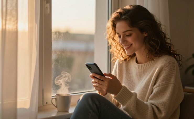 Smiling woman holding a phone beside coffee on a sunlit windowsill.