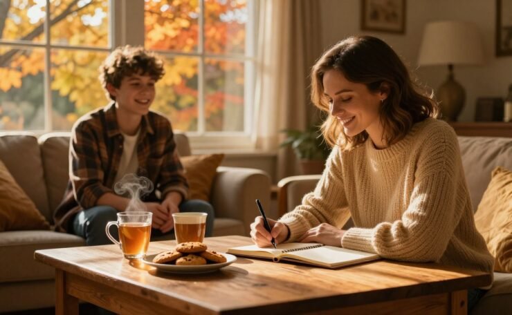 Two people enjoy cider and autumn treats by a bright window.