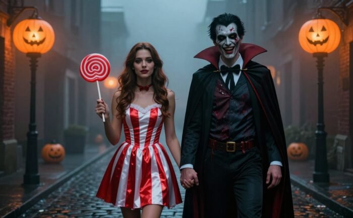 A couple in creative Halloween costumes stands together among glowing pumpkins on a foggy street.