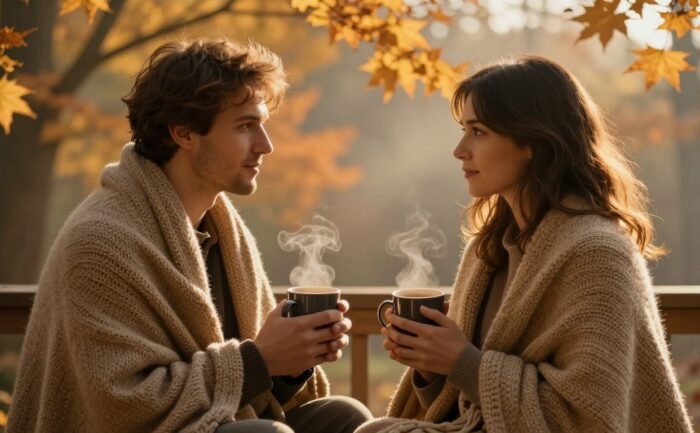 A couple shares coffee under a blanket on a porch surrounded by autumn trees.