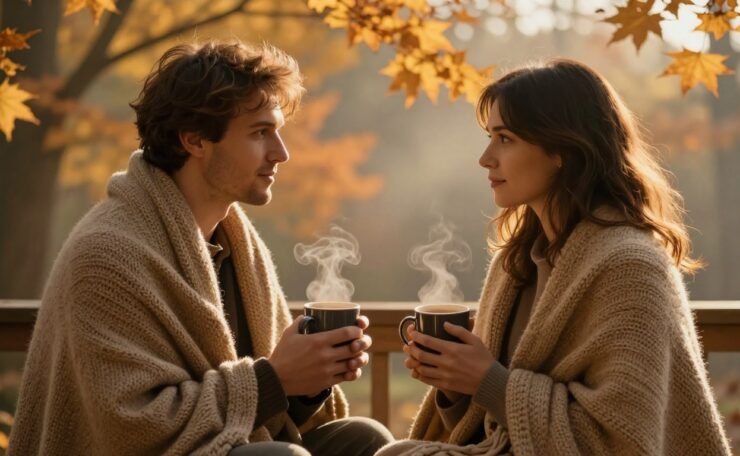 A couple shares coffee under a blanket on a porch surrounded by autumn trees.