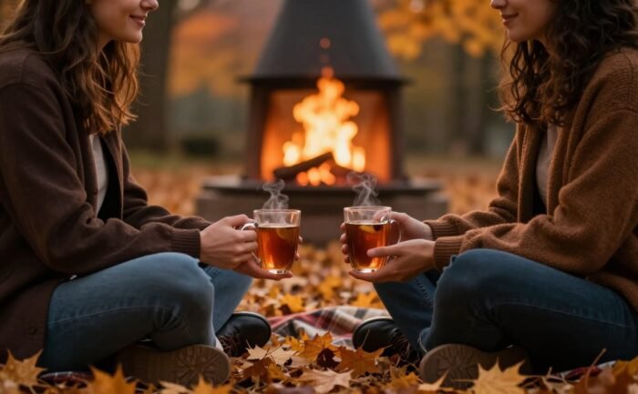 A couple shares cider on a blanket among autumn leaves beside a fire pit.