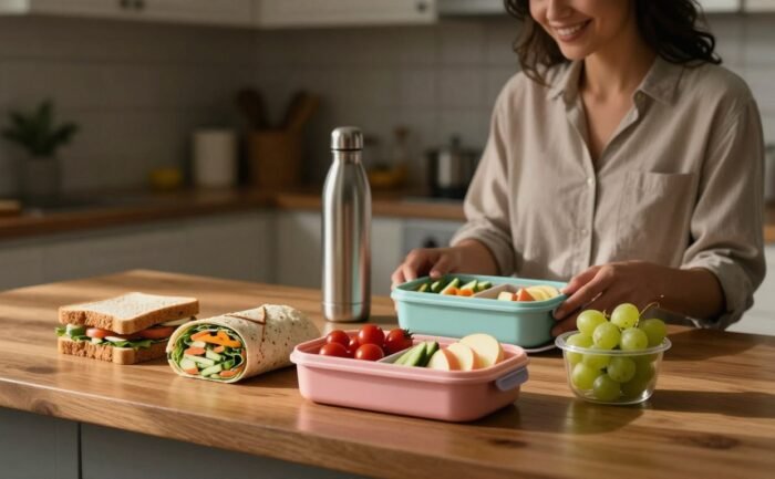 Colorful packed lunches sit on a kitchen island as a mother adjusts a lunch box.