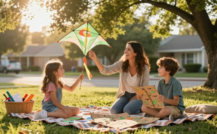 A mother and two children enjoy backyard games, crafts, and kite flying.