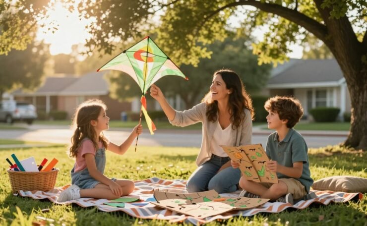 A mother and two children enjoy backyard games, crafts, and kite flying.