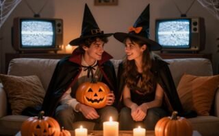 A young couple in Halloween costumes sits together beside pumpkins and candlelight.