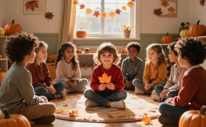 Preschool children sit in a circle as one child holds an orange maple leaf.