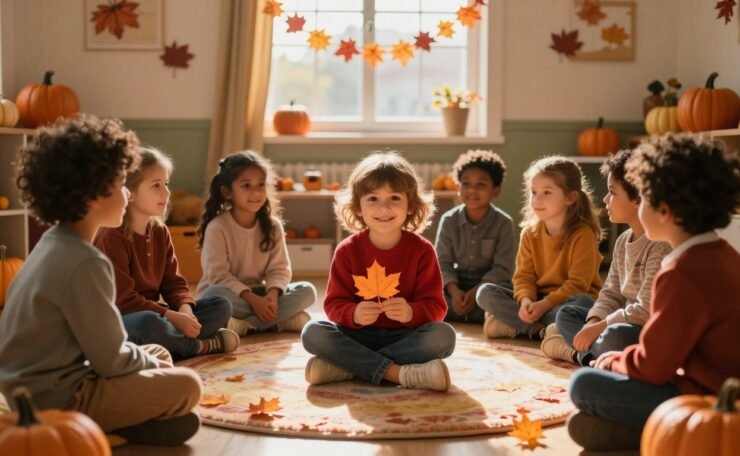 Preschool children sit in a circle as one child holds an orange maple leaf.