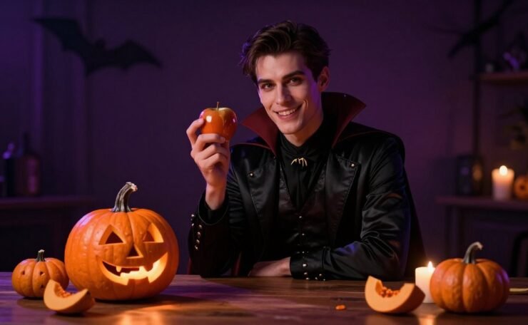 Smiling man in a vampire costume holding a caramel apple near a glowing jack-o'-lantern.