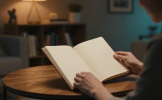 Two people reach toward an open notebook on a coffee table in a softly lit room.