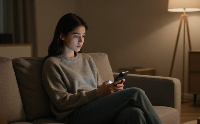 A woman studies her phone while looking toward an empty chair.