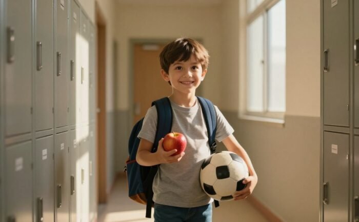 A child with a backpack holds an apple and soccer ball in a sunny school hallway.