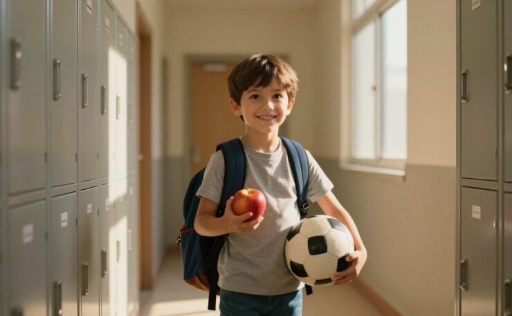A child with a backpack holds an apple and soccer ball in a sunny school hallway.