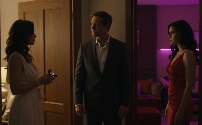 A conflicted man stands between his wife and lover in separate rooms.