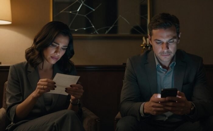 A woman holds a crumpled note as a man looks down at his phone in a dim hotel lounge.