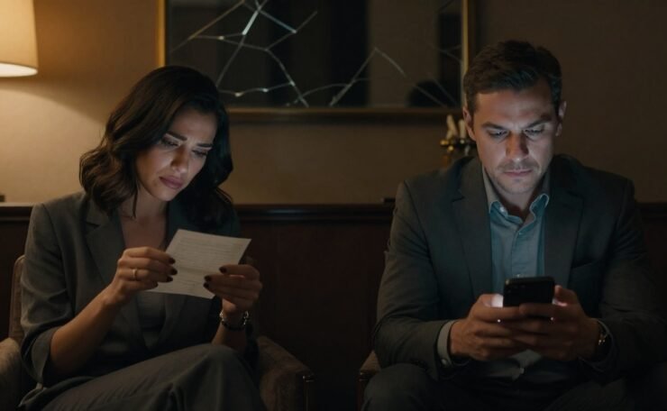 A woman holds a crumpled note as a man looks down at his phone in a dim hotel lounge.