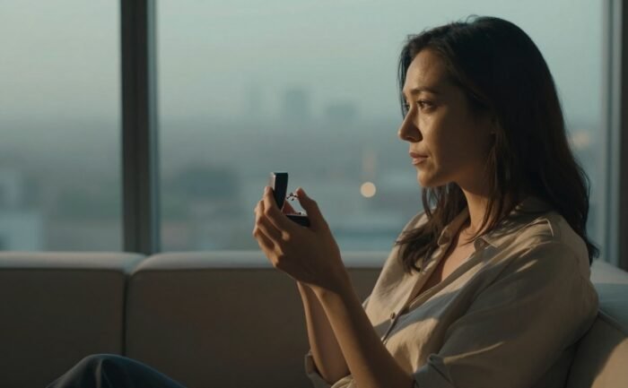A thoughtful woman holds an open wedding ring while looking out at a misty city.