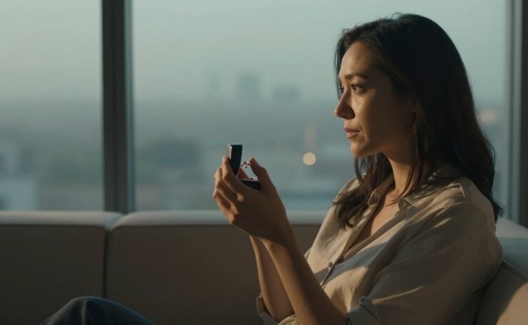 A thoughtful woman holds an open wedding ring while looking out at a misty city.