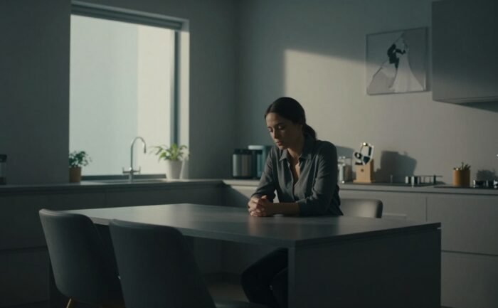 A woman sits alone at a kitchen table with an empty chair opposite her.