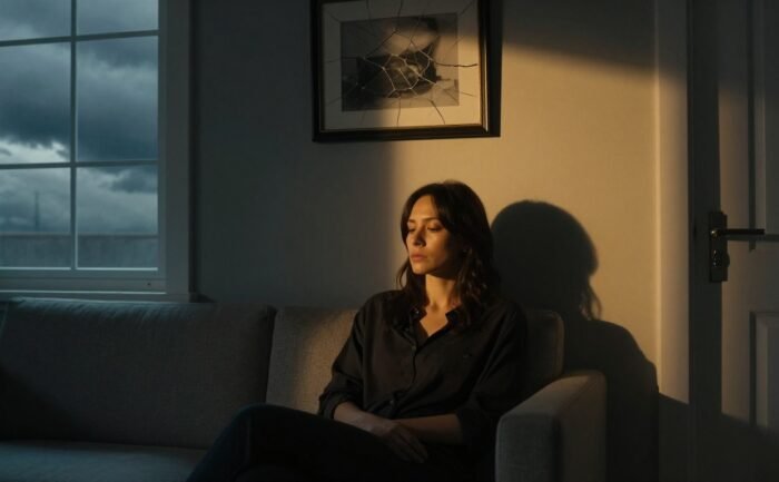 A tired woman sits on a sofa near a shadowed doorway and cracked frame.