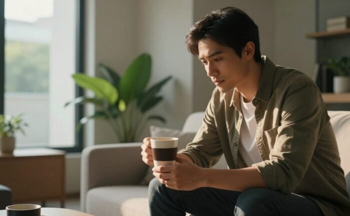 Relaxed man holding coffee on a sofa and looking toward someone nearby.