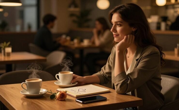 A woman sits at a café table with coffee, a notebook, rose, and face-down phone.