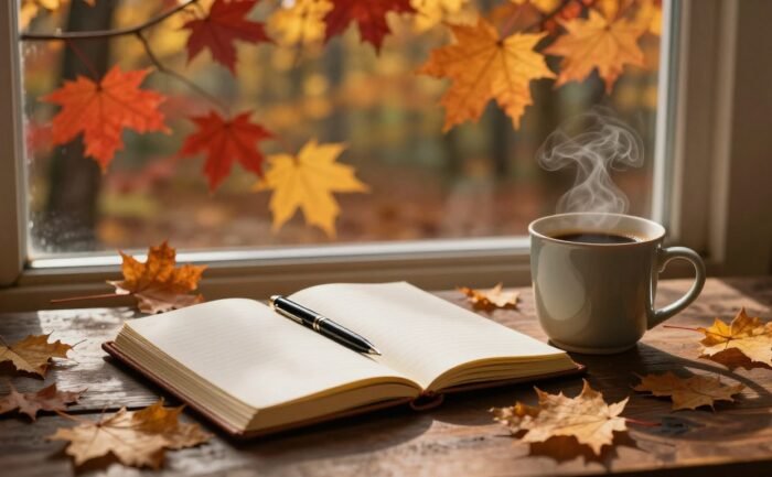 An open journal, pen, and steaming coffee sit on a rustic table surrounded by autumn leaves.