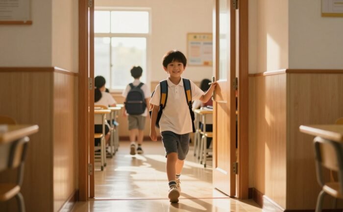 A smiling child with a bright backpack enters a sunlit school hallway.