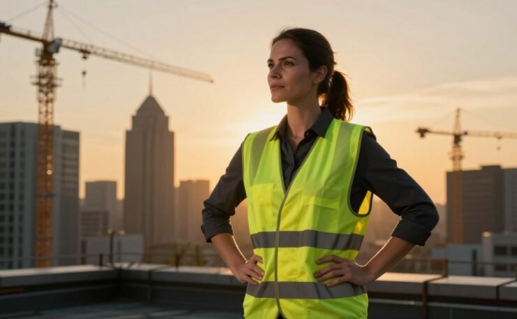 Construction worker in a safety vest overlooking a city skyline at sunrise.