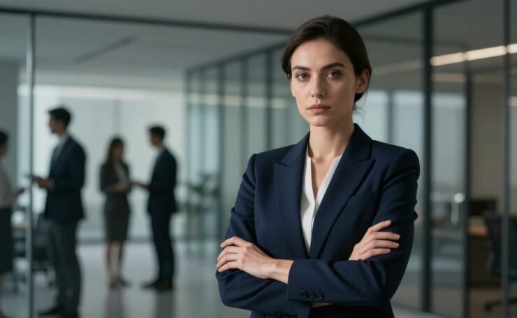 A confident woman in a navy blazer stands with crossed arms in a glass office.