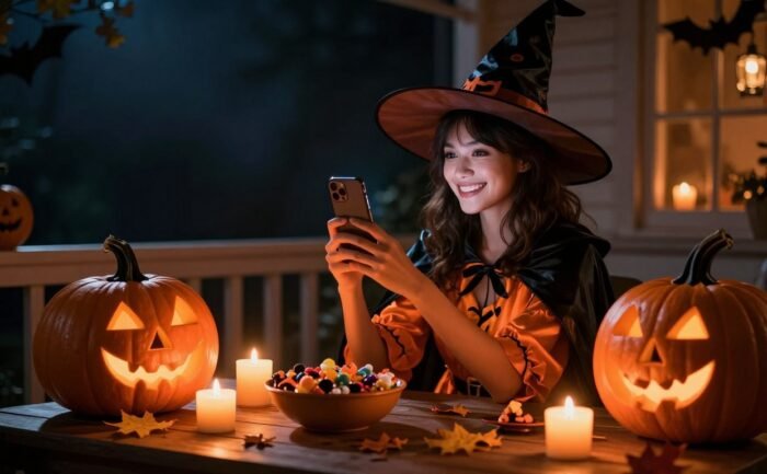 A woman in a witch costume takes a selfie beside glowing pumpkins and Halloween treats.
