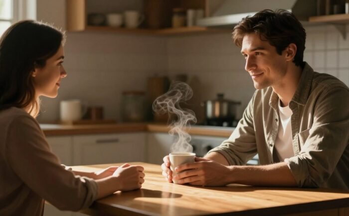 A man serves coffee to a woman at a sunlit kitchen table.