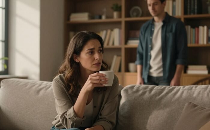 A woman watches her husband from a sofa, holding a cup in warm afternoon light.