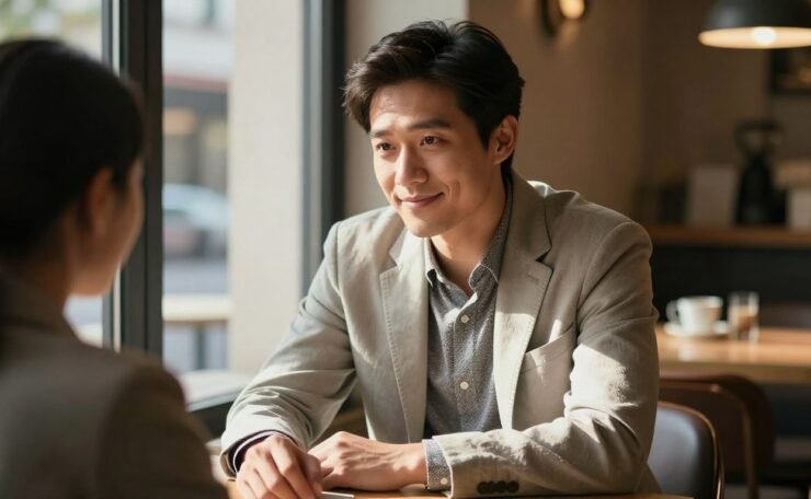 A smiling man in a blazer listens at a sunny café table.