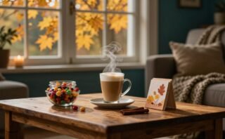 A coffee table displays a cinnamon latte, candy, autumn cards, and a knit blanket by a window.