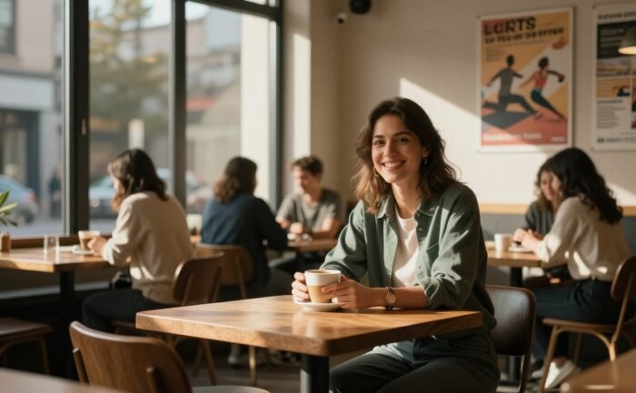 A woman laughs over coffee in a warmly lit urban café.
