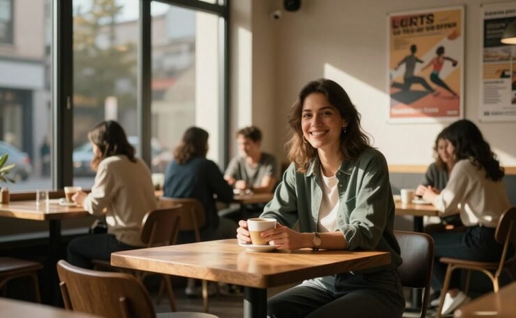 A woman laughs over coffee in a warmly lit urban café.