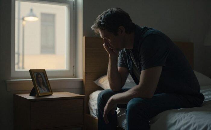 A sad man looks at a framed photo beside a bed in a dim apartment.