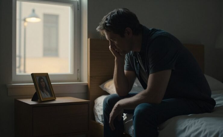 A sad man looks at a framed photo beside a bed in a dim apartment.