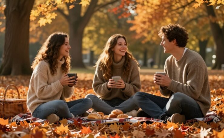 Three friends in sweaters laugh over hot drinks on a leaf-covered picnic blanket.