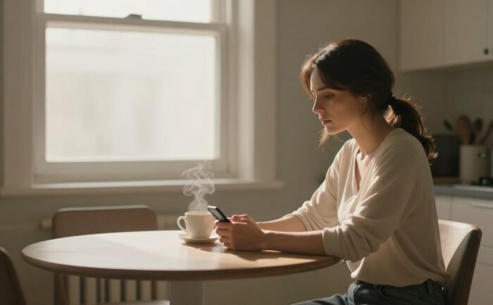 A woman sits alone with coffee and a phone at a kitchen table.